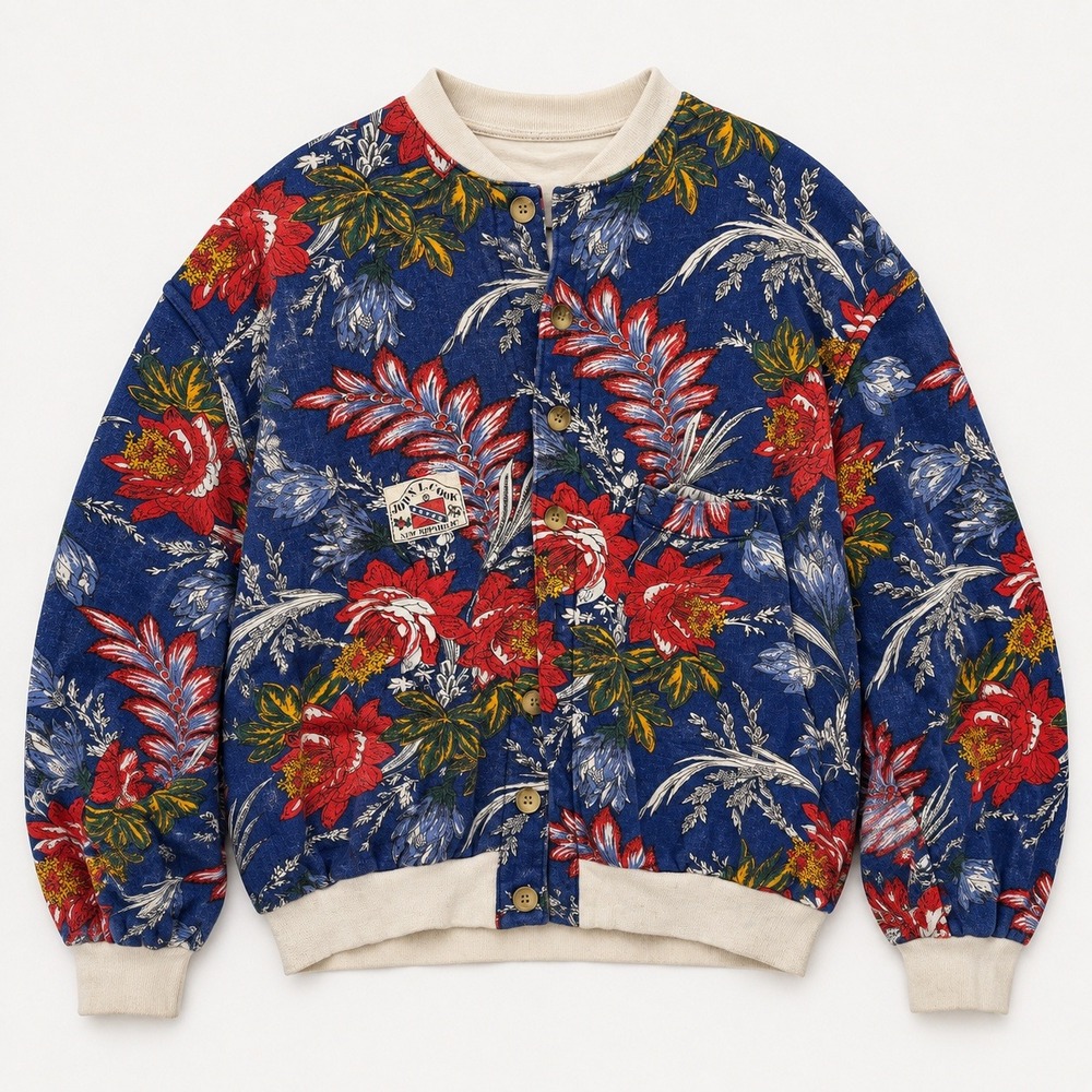 vtg John L. Cook Floral Bomber Jacket Blue Red Tropical M Maximalist Dopamine
